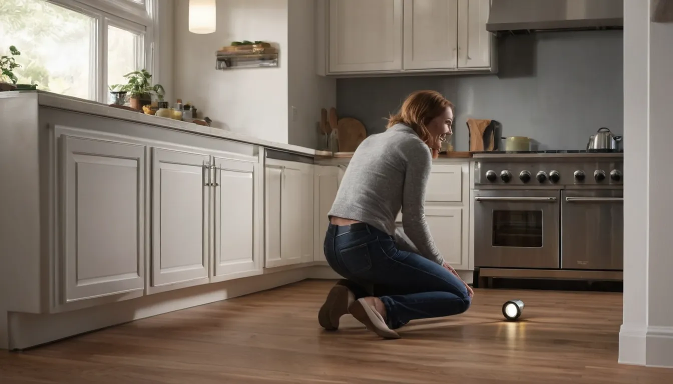 A provider checking a kitchen baseboard for ant trails in a Pasadena home