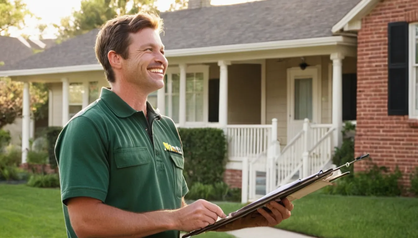 A friendly pest control provider talking with a homeowner at a front door in Pasadena