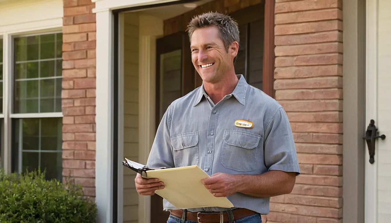 A friendly pest control provider talking with a homeowner at the front door of a brick ranch home in Pasadena