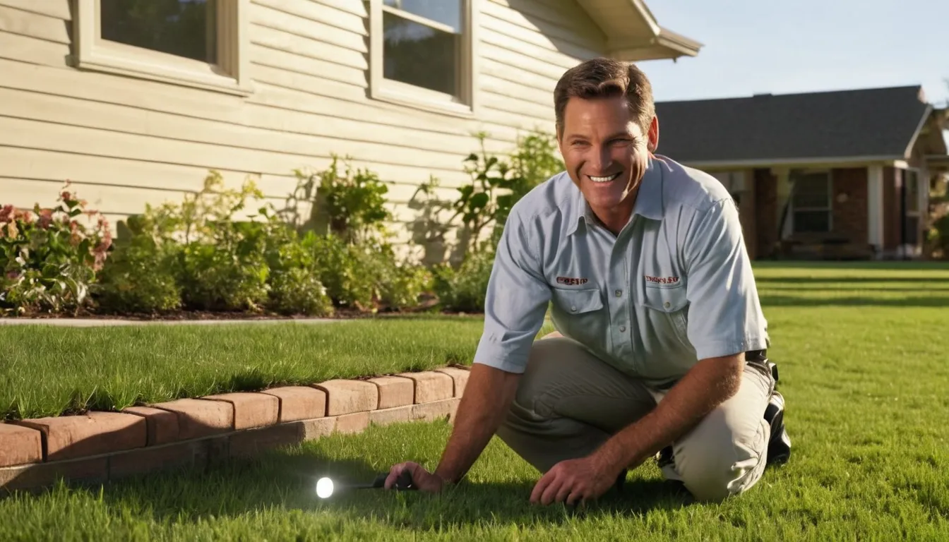 A friendly provider showing a homeowner a termite inspection finding near the foundation of a home in Pasadena